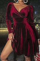 Load image into Gallery viewer, Green V-Neck Long Sleeves Velvet Christmas Dress