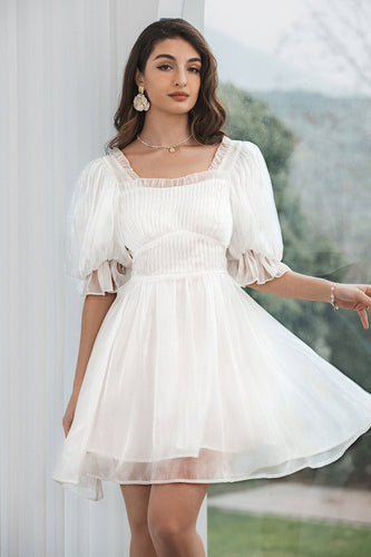 Modest Tulle White Graduation Dress with Lace-up Back