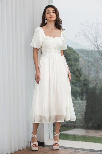 A Line Pleated Classy White Graduation Dress with Puff Sleeves