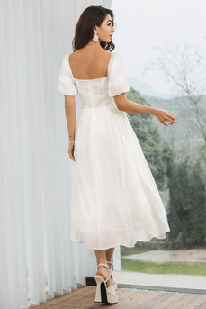 A Line Pleated Classy White Graduation Dress with Puff Sleeves