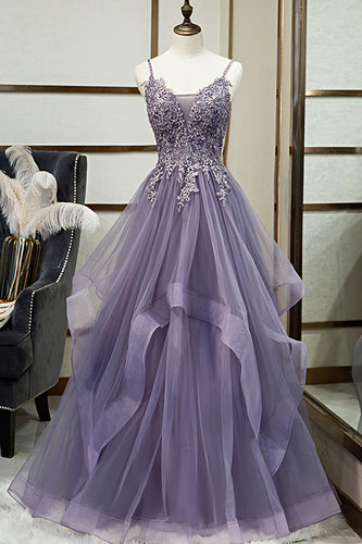 Purple Tulle A Line Beaded Prom Dress with Appliques