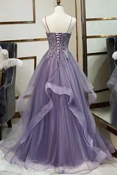 Purple Tulle A Line Beaded Prom Dress with Appliques