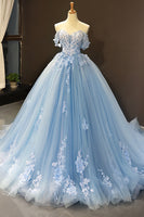 Load image into Gallery viewer, Blue Off the Shoulder Tulle Quinceanera Dresses with Appliques