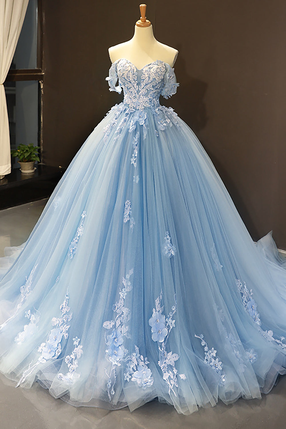 Blue Off the Shoulder Tulle Quinceanera Dresses with Appliques