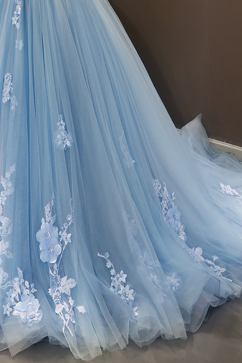 Load image into Gallery viewer, Blue Off the Shoulder Tulle Quinceanera Dresses with Appliques