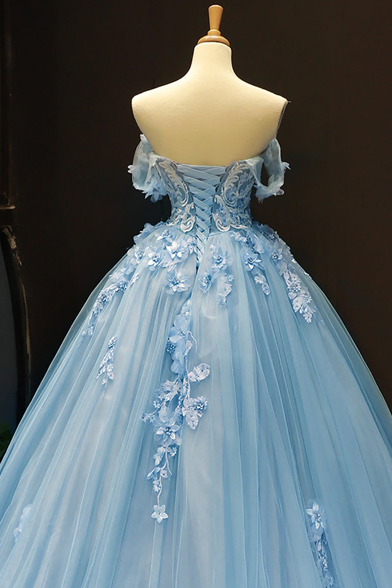 Load image into Gallery viewer, Blue Off the Shoulder Tulle Quinceanera Dresses with Appliques