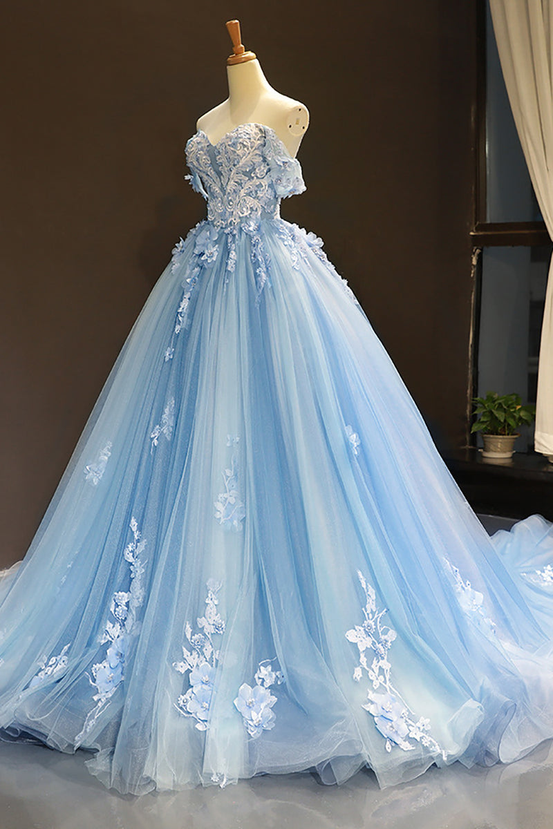 Load image into Gallery viewer, Blue Off the Shoulder Tulle Quinceanera Dresses with Appliques