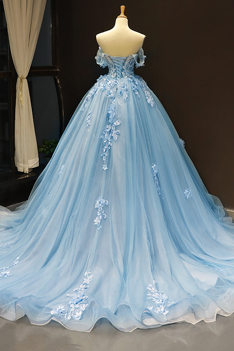 Load image into Gallery viewer, Blue Off the Shoulder Tulle Quinceanera Dresses with Appliques