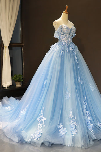 Blue Off the Shoulder Tulle Quinceanera Dresses with Appliques