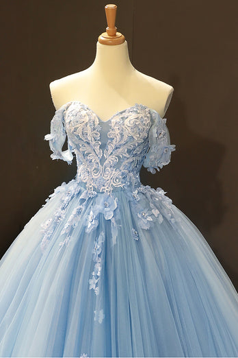 Blue Off the Shoulder Tulle Quinceanera Dresses with Appliques