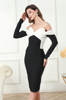 Load image into Gallery viewer, Off the Shoulder Long Sleeves Black Midi Graduation Dress