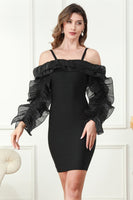 Load image into Gallery viewer, Off the Shoulder Black Mini Graduation Dress with Long Sleeves