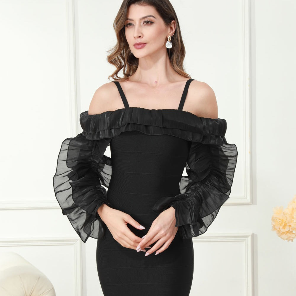 Load image into Gallery viewer, Black Bodycon Spaghetti Straps Midi Cocktail Dress with Long Sleeves