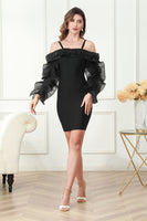 Load image into Gallery viewer, Off the Shoulder Black Mini Graduation Dress with Long Sleeves