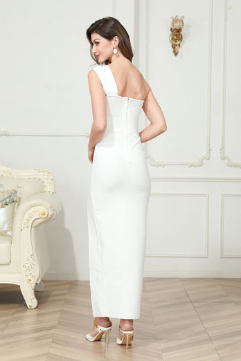 White Bodycon One Shoulder Long Cocktail Dress with Slit