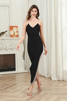 Load image into Gallery viewer, Black Bodycon Spaghetti Straps Midi Graduation Dress with Slit
