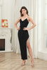 Load image into Gallery viewer, Black Bodycon Spaghetti Straps Midi Graduation Dress with Slit