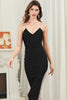 Load image into Gallery viewer, Black Bodycon Spaghetti Straps Midi Graduation Dress with Slit