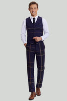 Load image into Gallery viewer, Men&#39;s 3 Piece One Button Navy Plaid Tuxedo