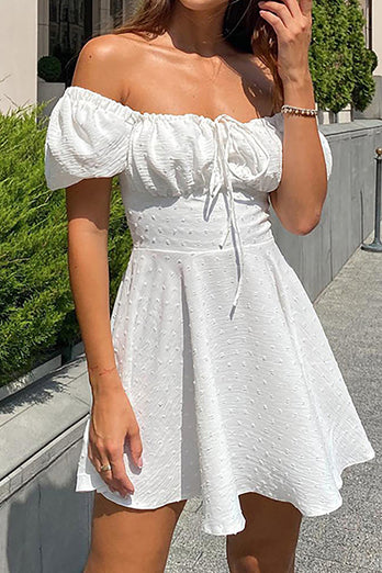 Off the Shoulder White Graduation Dress with Polka Dots