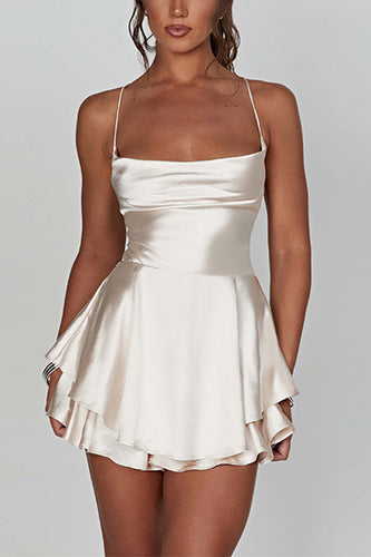 A Line Spaghetti Straps White Graduation Dress with Lace-up Back