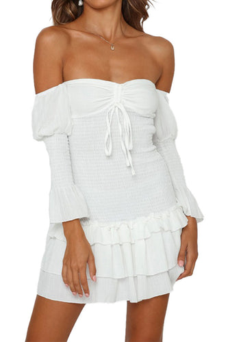 Off The Shoulder Long Sleeves White Graduation Dress with Pleated
