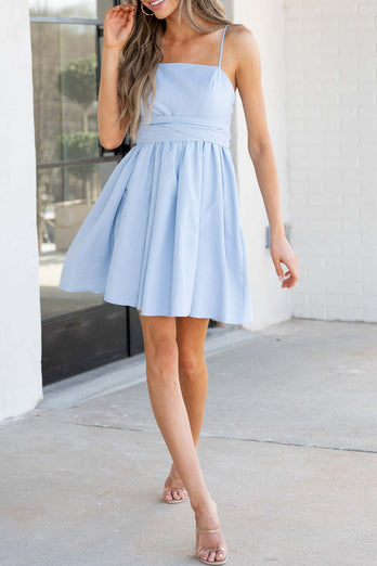 Simple A-Line Spaghetti Straps Light Blue Graduation Dress with Bowknot