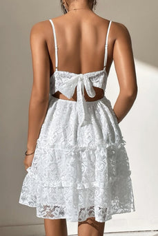 Cute A-Line Spaghetti Straps Mini Lace White Graduation Dress