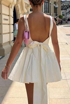 A-Line Square Neck Open Back Mini White Graduation Dress