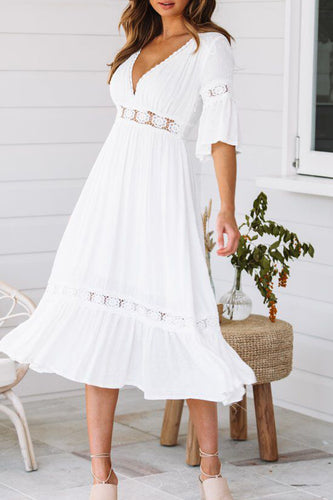 A-Line V-Neck Short Sleeves White Graduation Dress