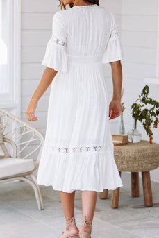 A-Line V-Neck Short Sleeves White Graduation Dress