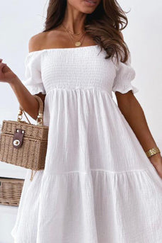 A-Line Off the Shoulder Little White Graduation Dress