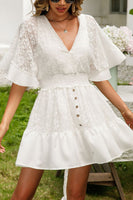 Load image into Gallery viewer, V-Neck Short Sleeves White Mini Summer Graduation Dress with Buttons