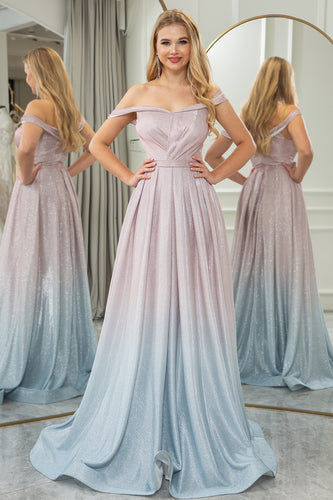 Glitter A-line Off the Shoulder Grey Pink Prom Dress with Pleated