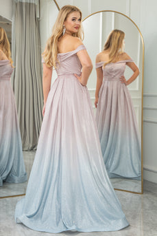 Glitter A-line Off the Shoulder Grey Pink Prom Dress with Pleated