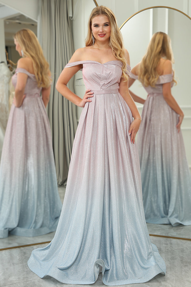 Load image into Gallery viewer, Glitter A-line Off the Shoulder Grey Pink Prom Dress with Pleated