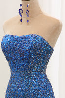 Load image into Gallery viewer, Sparkly Mermaid Blue Strapless Sequin Prom Dress