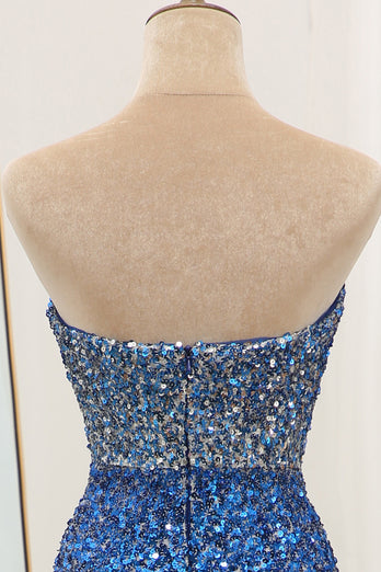 Sparkly Mermaid Blue Strapless Sequin Prom Dress