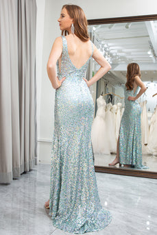 Light Green Mermaid V Neck Sequin Long Prom Dress with Slit