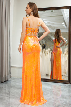 Orange Mermaid Spaghetti Straps Sequin Long Prom Dress with Slit