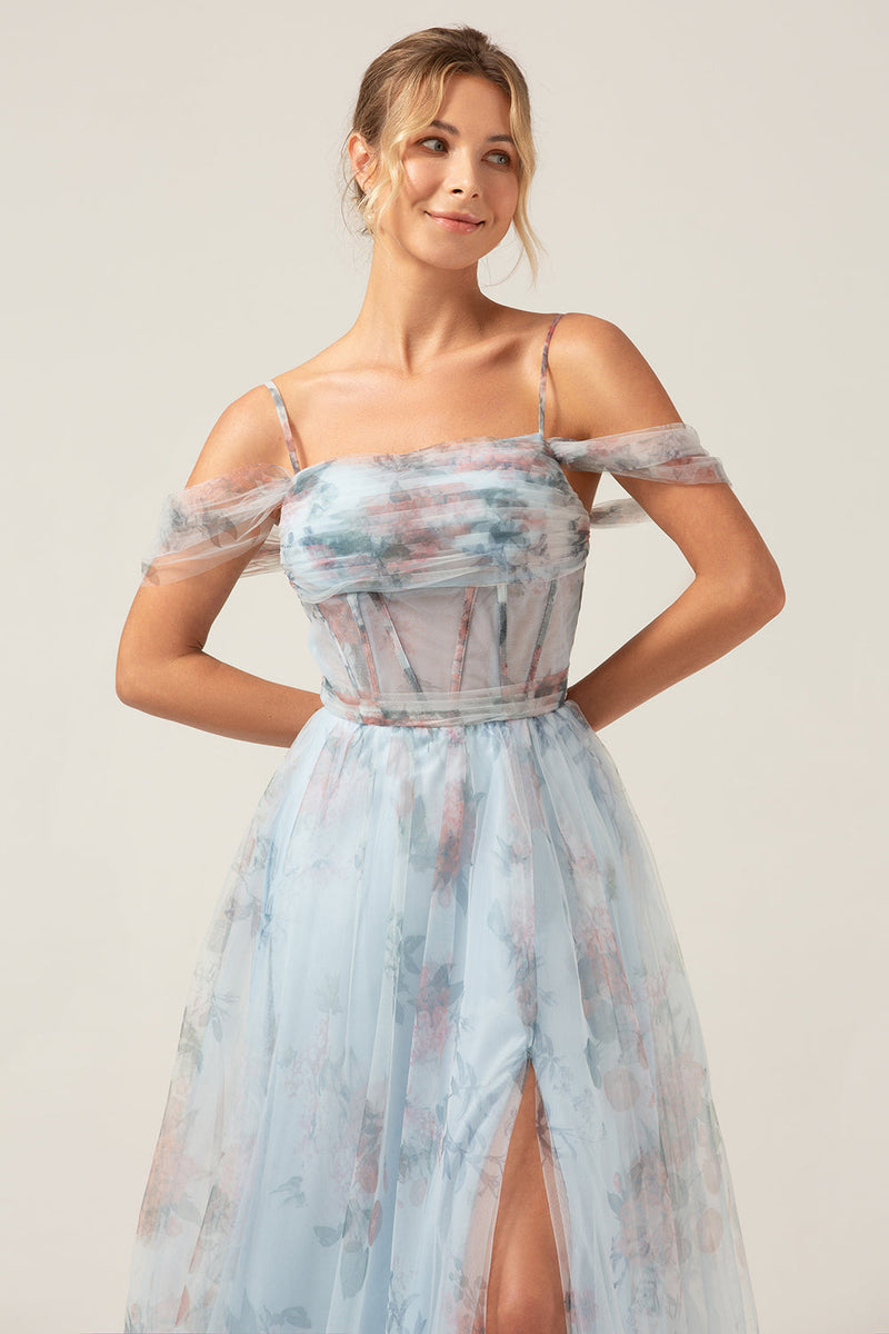 Load image into Gallery viewer, Cold Shoulder A-Line Blue Printed Long Corset Prom Dress with Slit
