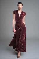Load image into Gallery viewer, Velvet Caramel Ruched V Neck Long Formal Dress