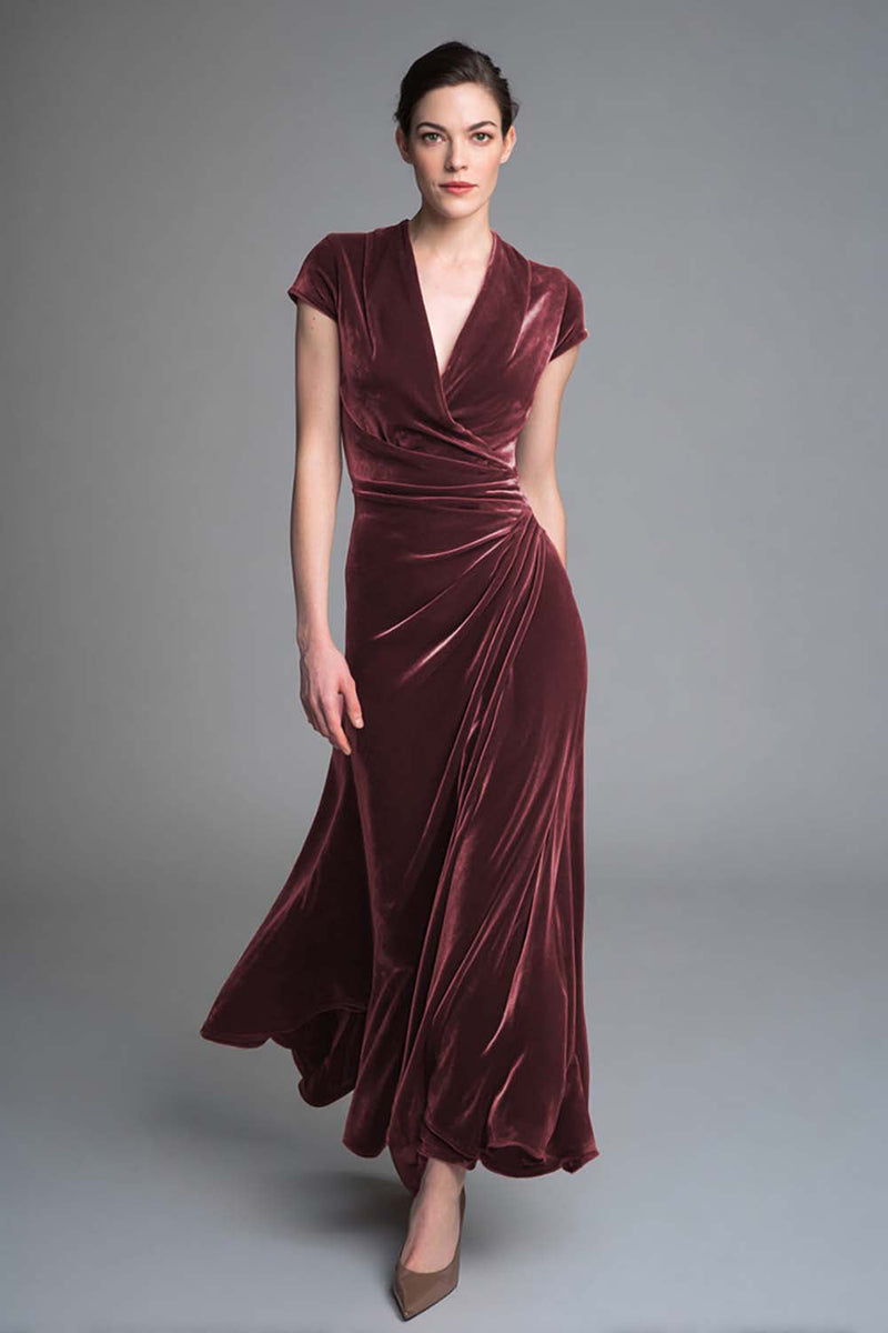 Load image into Gallery viewer, Velvet Caramel Ruched V Neck Long Formal Dress