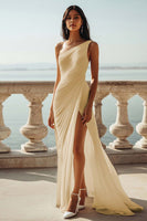 Load image into Gallery viewer, Chiffon Ivory One Shoulder Maxi Sheath Beach Engagement Dress with Slit