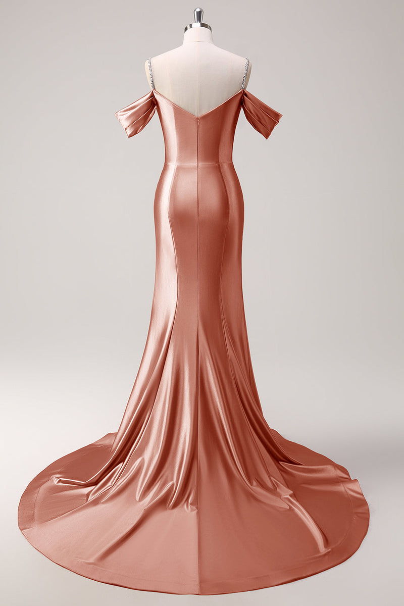 Load image into Gallery viewer, Golden Mermaid Cold Shoulder Sequined Ruched Long Prom Dress