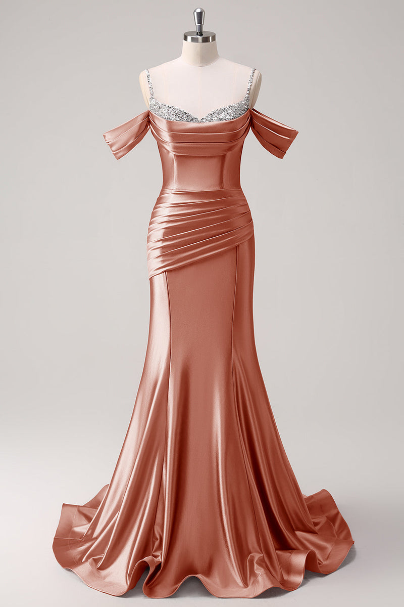 Load image into Gallery viewer, Golden Mermaid Cold Shoulder Sequined Ruched Long Prom Dress
