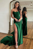 Load image into Gallery viewer, Dark Green Mermaid Strapless Satin Corset Prom Dress with Slit