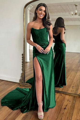 Dark Green Mermaid Strapless Satin Corset Prom Dress with Slit