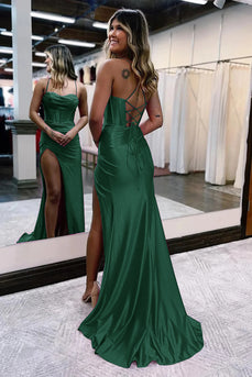 Dark Green Satin Mermaid Corset Prom Dress with Slit