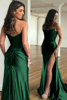 Load image into Gallery viewer, Dark Green Mermaid Strapless Satin Corset Prom Dress with Slit